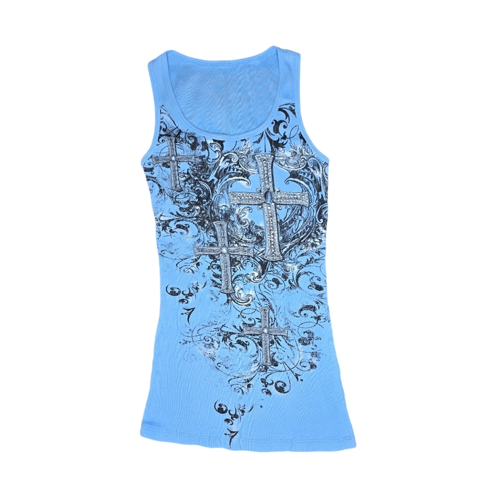 Ribbed blue rhinestone cross tank top  distressed size small unknown brand